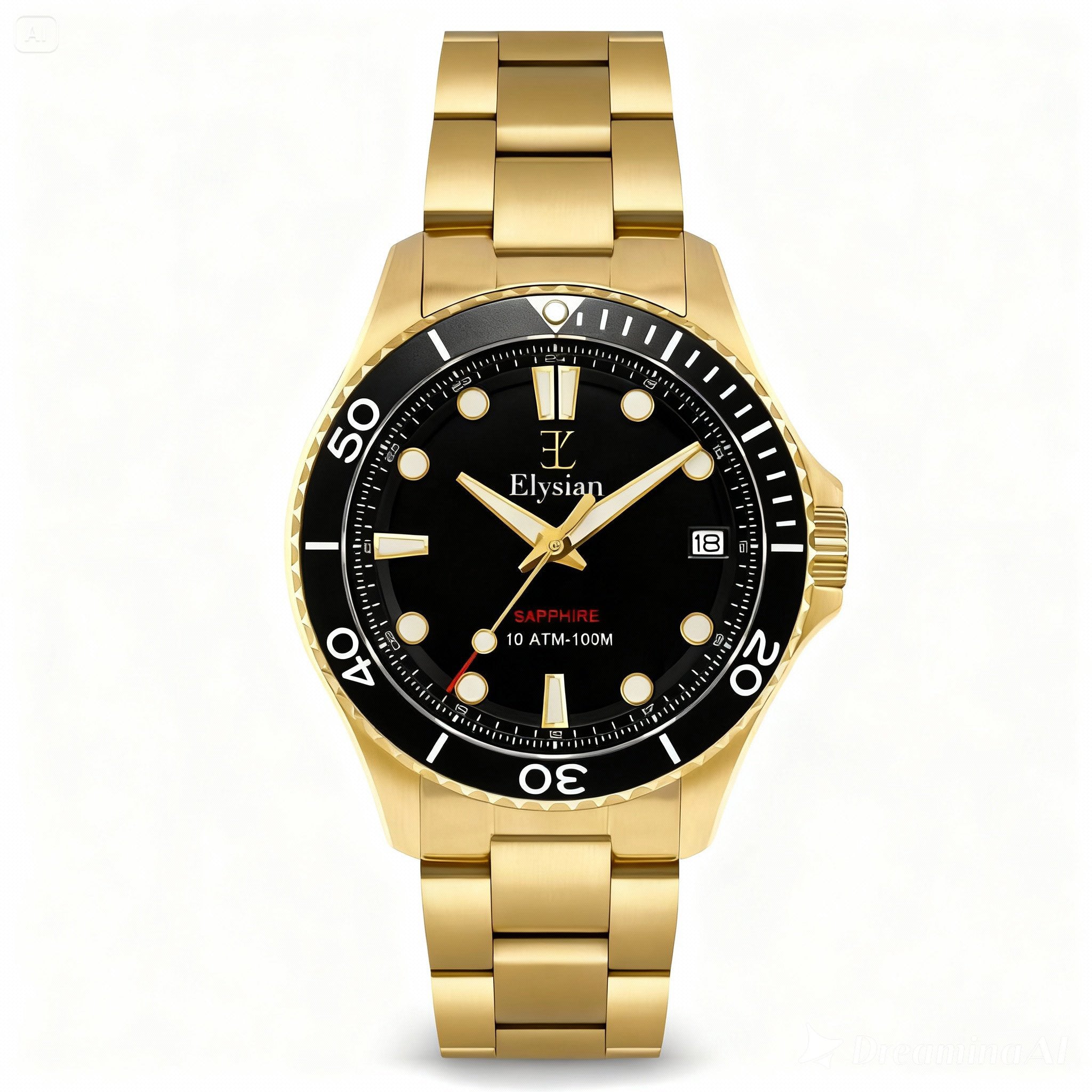 elysian-gouden-heren-horloge-42mm-zwart-plaat-goud-schakelband-horlogeband-ELYWM10142-front