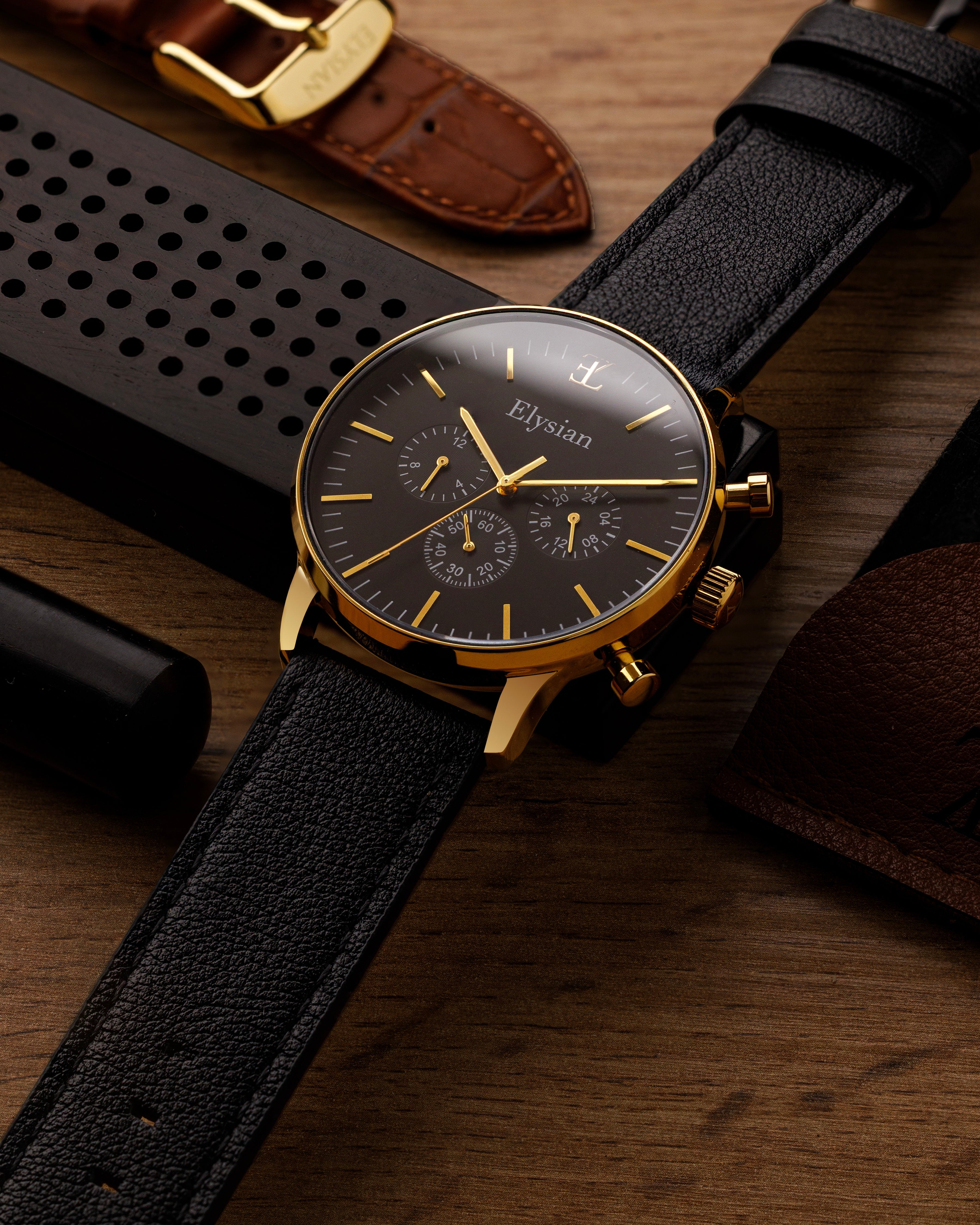 elysian-gouden-heren-horloge-zwart-plaat-zwart-vintage-leder-horlogeband-ELYWM00120-detail