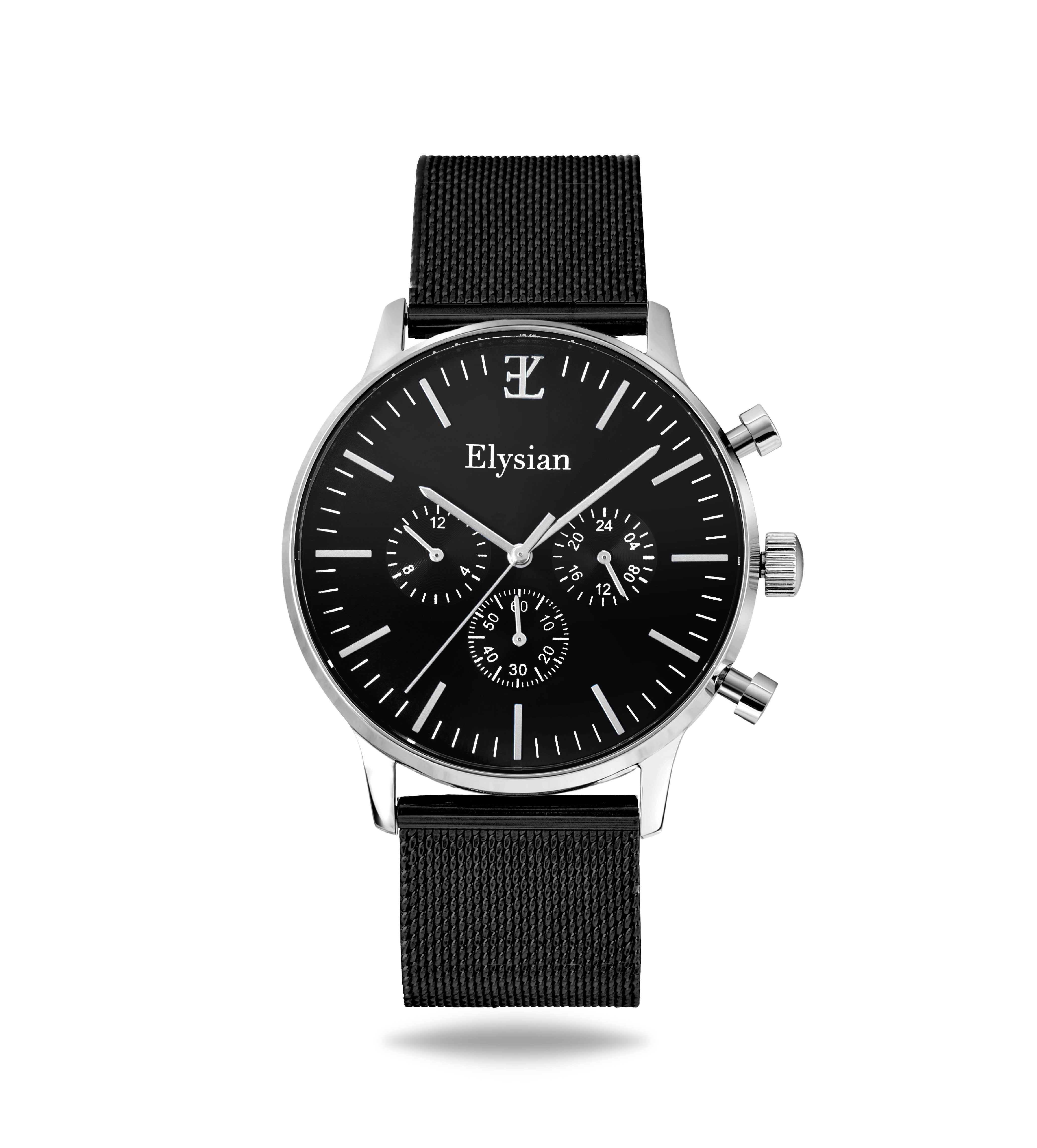 elysian-zilveren-heren-horloge-zwart-plaat-zwart-mesh-horlogeband-ELYWM01130-front