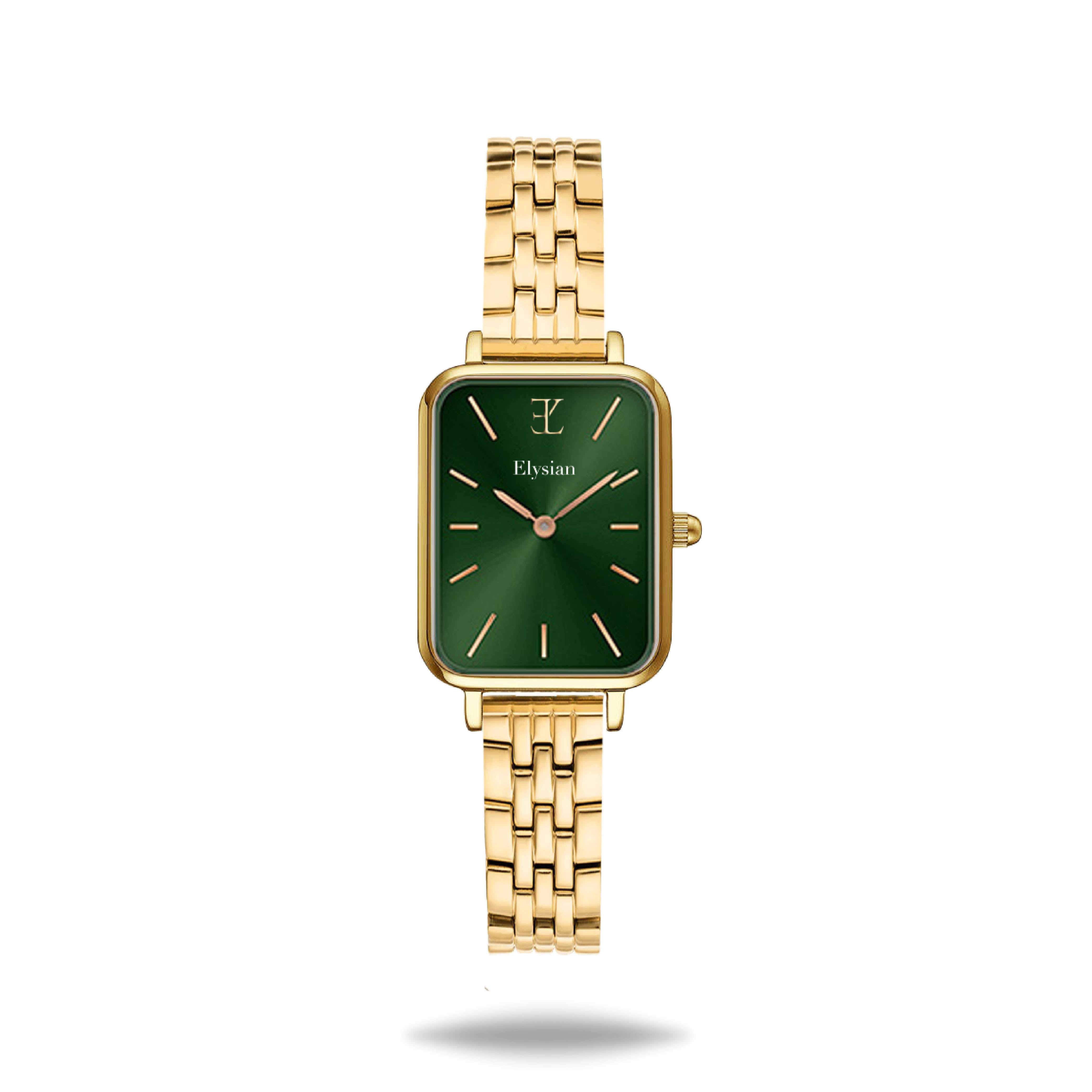 elysian-gouden-dames-horloge-groen-plaat-goud-schakelband-horlogeband-ELYWW20426-front