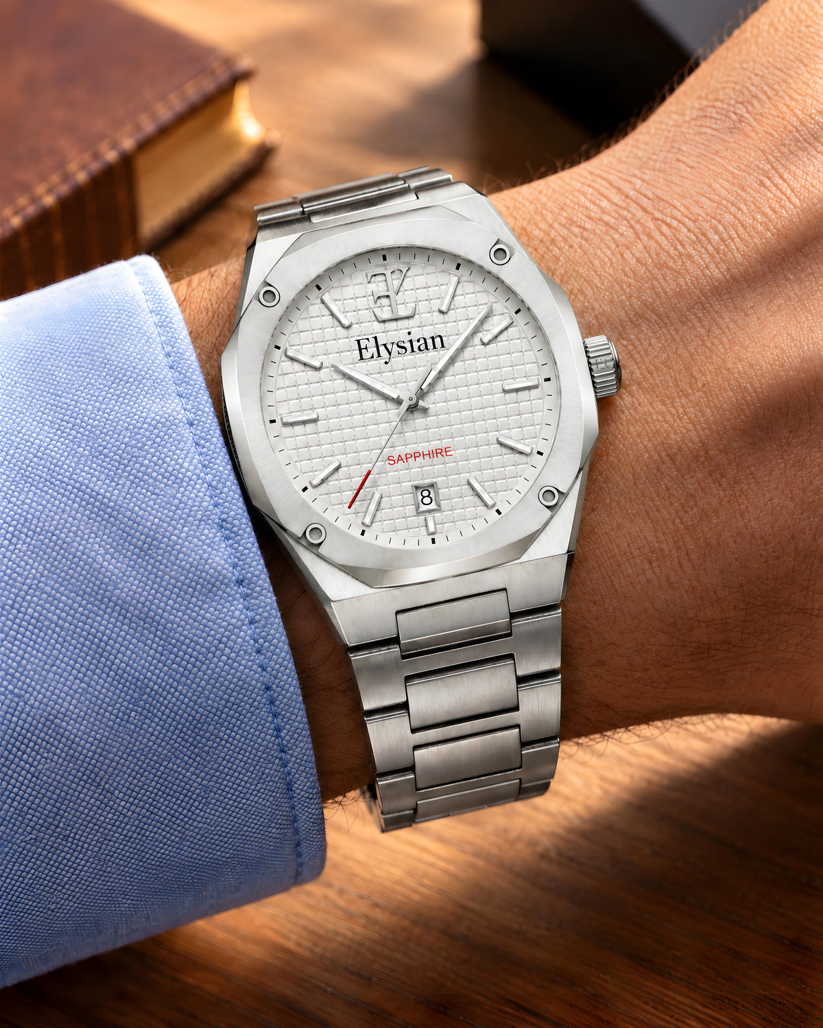 Elysian Octa herenhorloge met witte wijzerplaat en schakelband om de pols