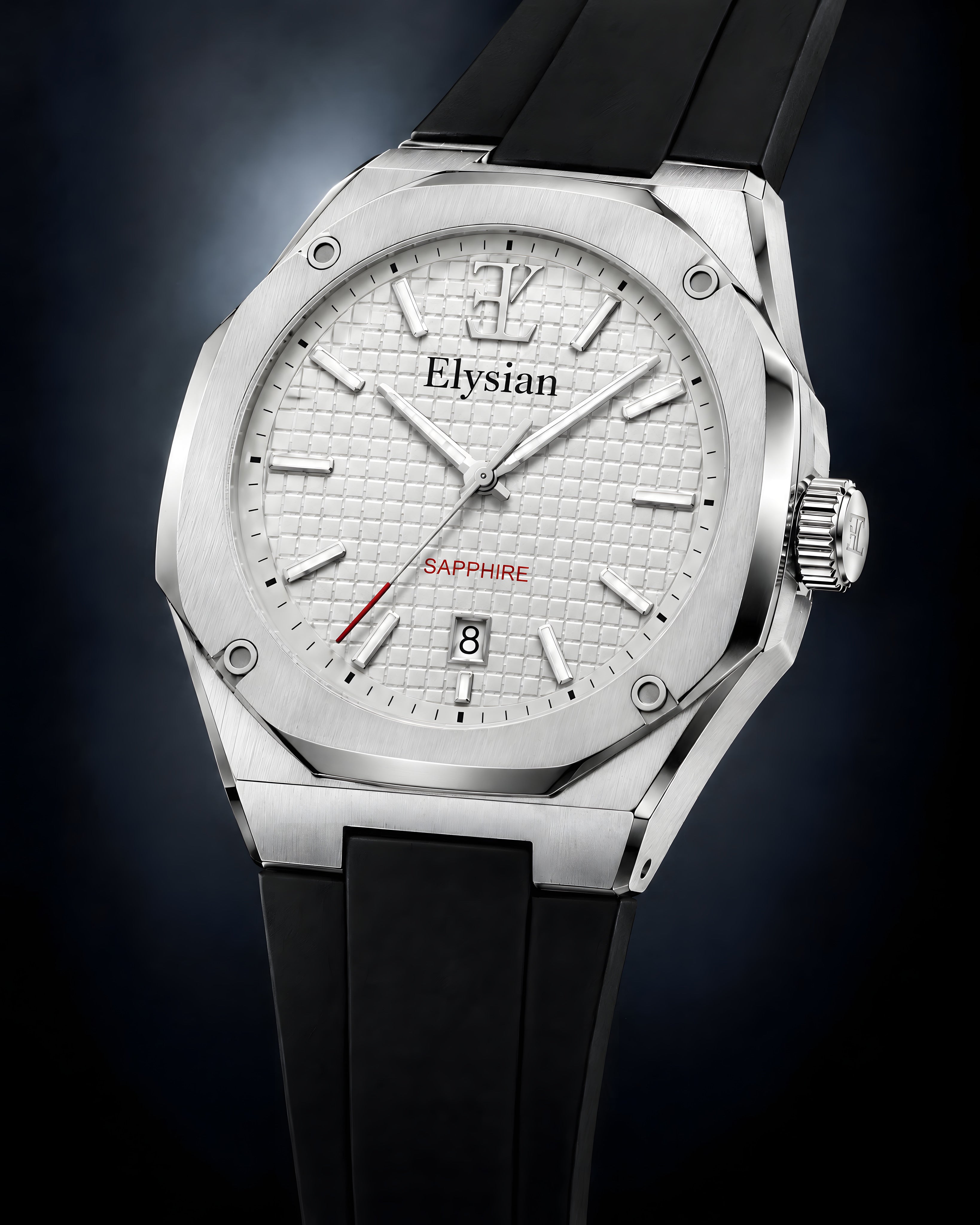 Elysian Octa White - Black Rubber, driekwart aanzicht in de studio