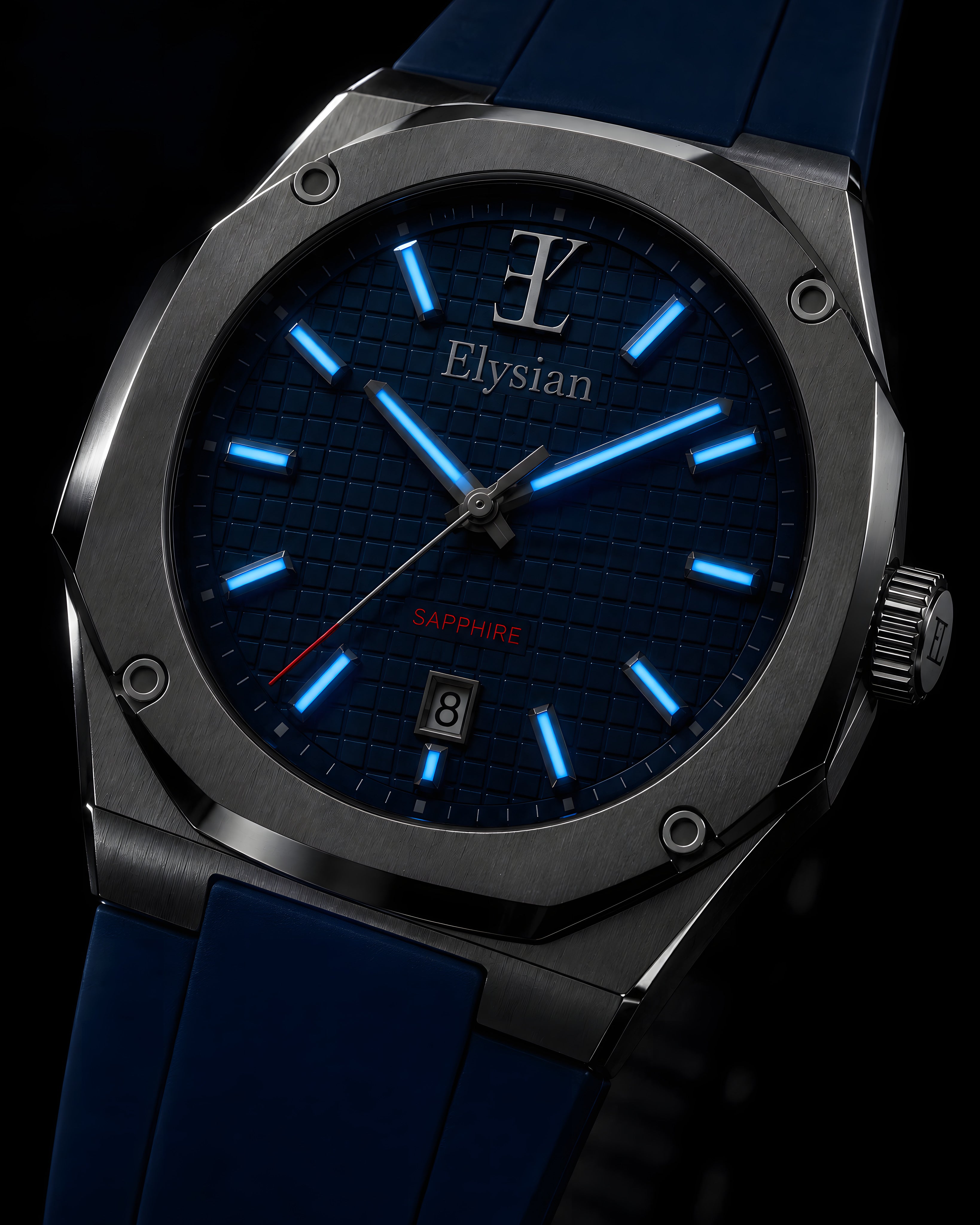 Elysian Octa Blue - Navy Rubber, lichtgevende wijzers en indexen in het donker