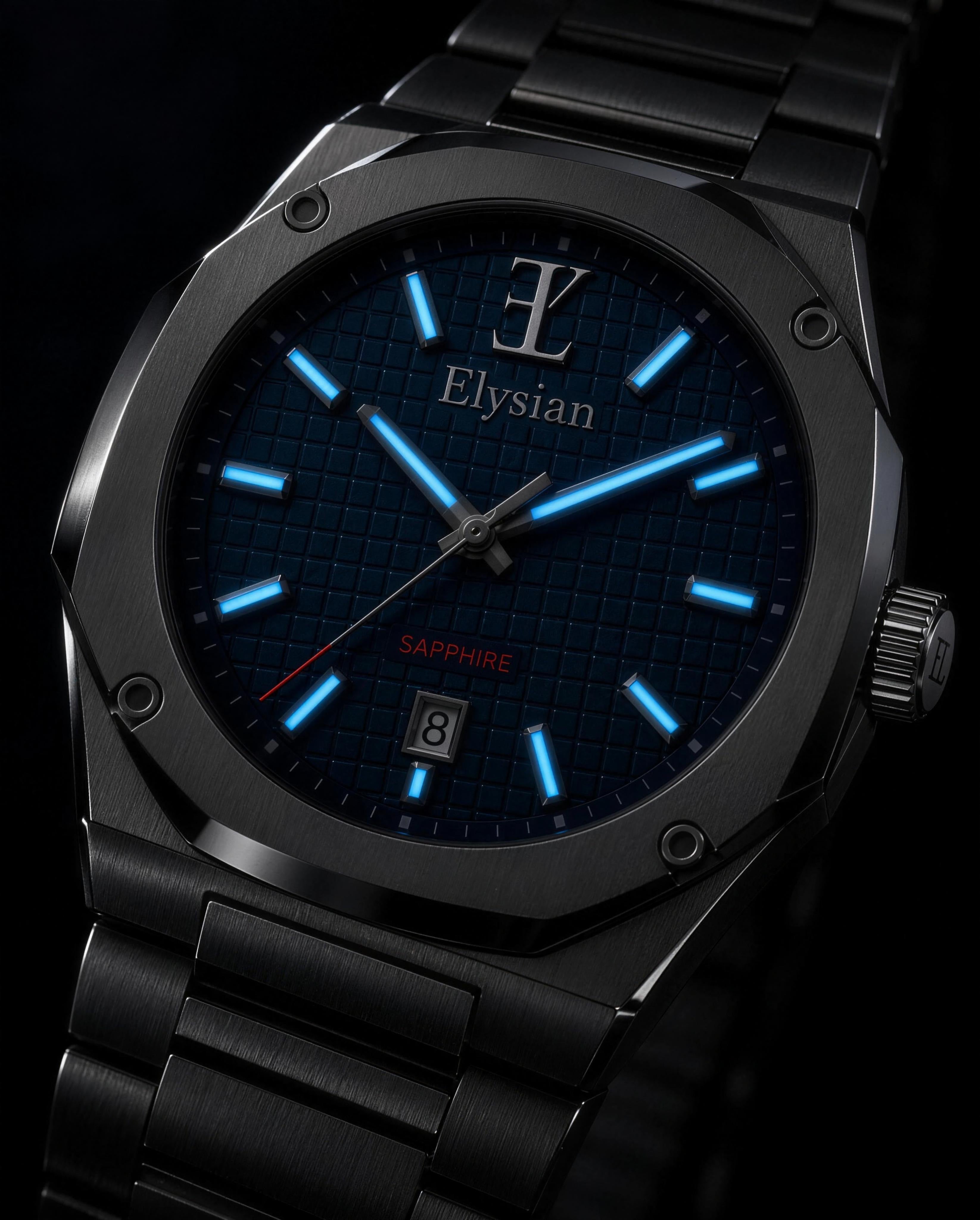 Elysian Octa Blue - Silver Link, lichtgevende wijzers en indexen in het donker